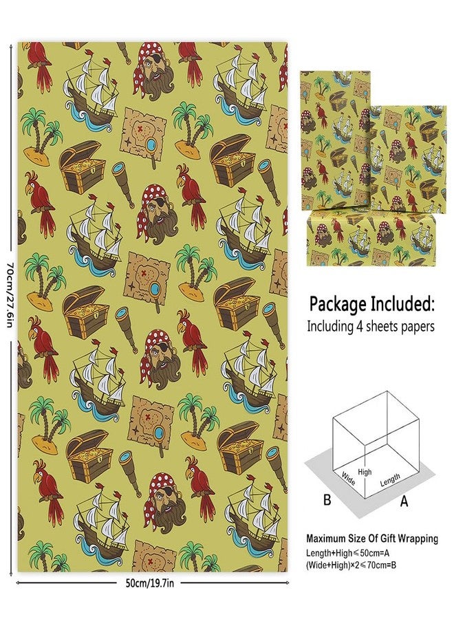 Geluode Birthday Wrapping Paper for Boys Girls Kids, Cool Pirates Treasure Ship Island Parrot Yellow Gift Wrap Paper for Birthday Party Baby Shower, 4 Sheets Folded Flat 20x28 Inches Per Sheet - Image 2